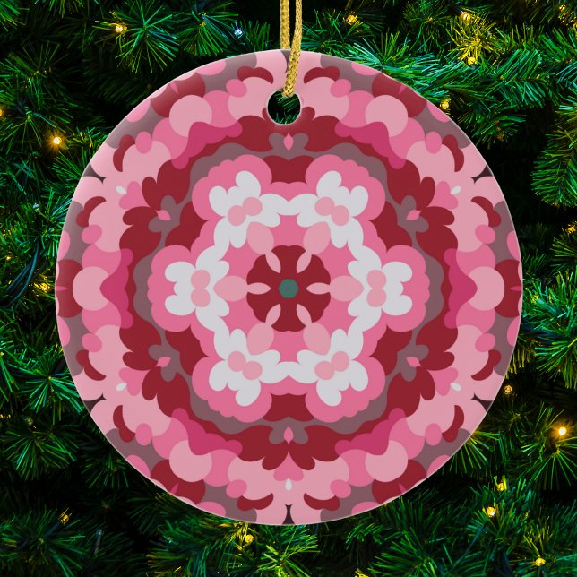 Ornamento De Cerâmica Retro Mandala Vermelho e Branco Rosa (Pink Red and White Retro Mandala Ornament by Wormhole Orbital)