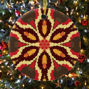 Ornamento De Cerâmica Retro Mandala Vermelho Laranja e Marrom