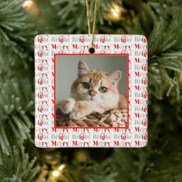 Ornamento De Cerâmica Retro Photo Red Pink Merry and Bright Christmas