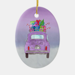 Ornamento De Cerâmica Retro Retro Roxo Fiat 500 com presentes de Natal