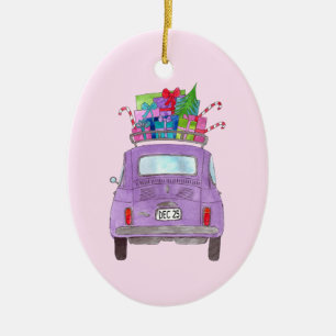 Ornamento De Cerâmica Retro Roxo Fiat 500 com Presentes de Natal