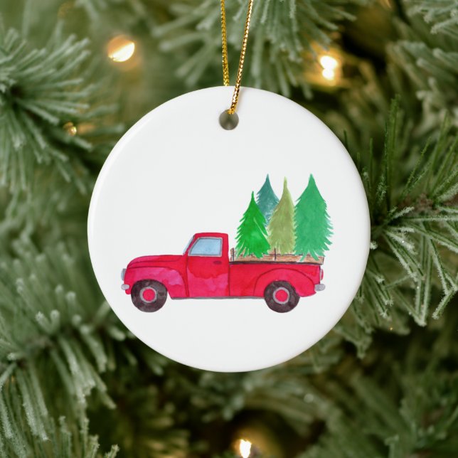 Ornamento De Cerâmica Retro Vermelho Pickup Truck com árvores (Árvore)