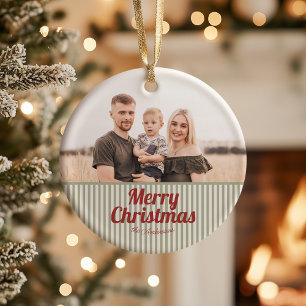 Ornamento De Cerâmica Retro Vintage Green Strips Vermelho Feliz Natal