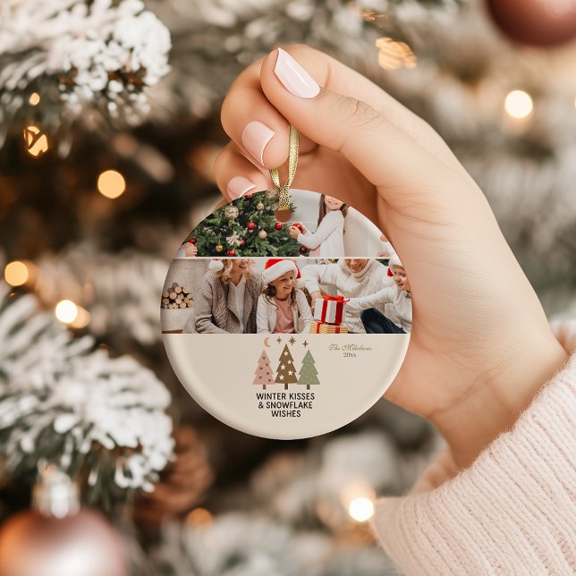 Ornamento De Cerâmica Retro Winter Kisses & Snowflake Wishes (Criador carregado)