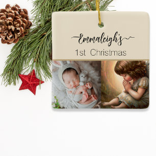 Ornamento De Cerâmica Rezando a Pequena Garota Anjo Radiante Foto Halo