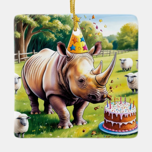 Ornamento De Cerâmica Rhino vestindo chapéu de aniversário no país inglê (Frente)