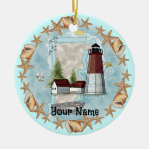 Ornamento De Cerâmica Rhode Island Shell Lighthouse nome personalizado O