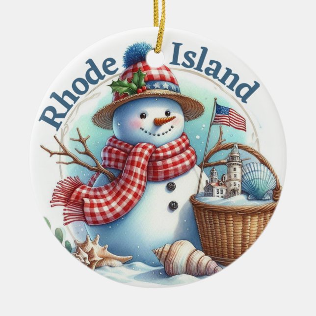 Ornamento De Cerâmica Rhode Island Snowman Árvore de Natal (Frente)