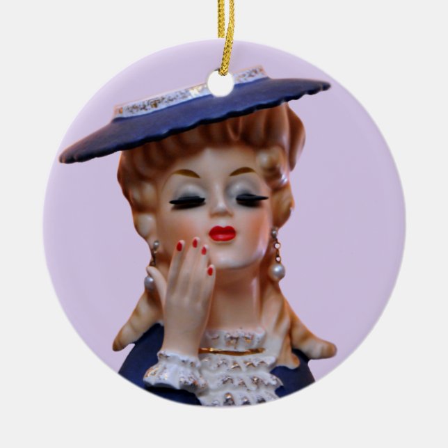 Ornamento De Cerâmica Rico Azul Chapéu Azul da Cabeça de Senhora Glamoro (Frente)