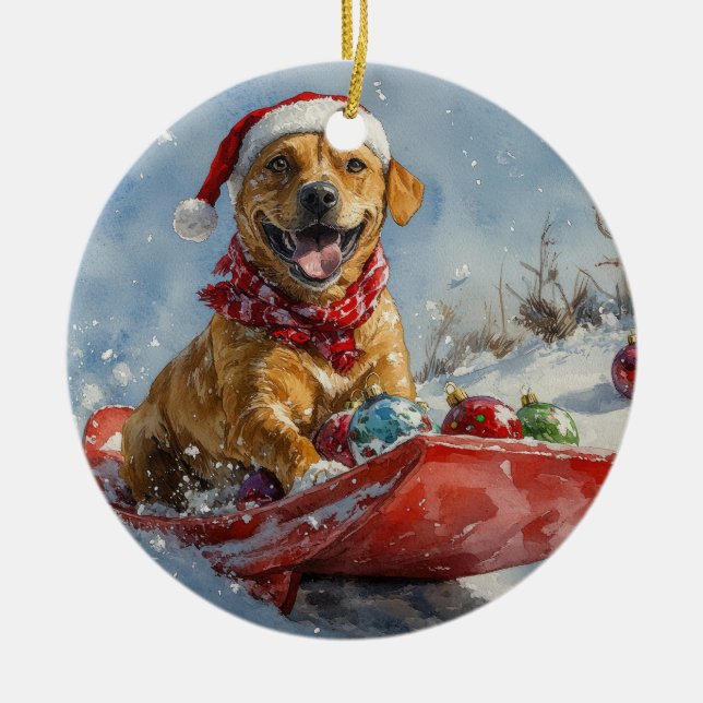 Ornamento De Cerâmica Ridgeback Cachorro de Rhodesian no Natal de Sledge (Frente)