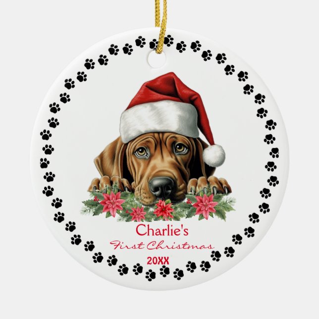 Ornamento De Cerâmica Ridgeback Cachorro Noel-Hat Rhodesian Bonito Impre (Frente)