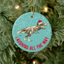 Ornamento De Cerâmica Rindo o caminho todo cita T. rex Papai Noel