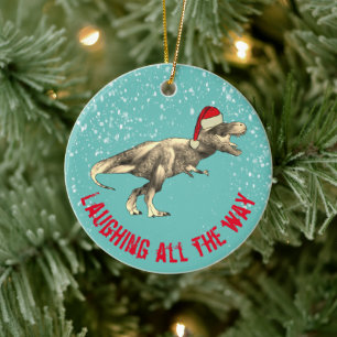 Ornamento De Cerâmica Rindo o caminho todo cita T. rex Papai Noel