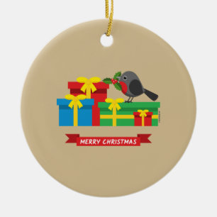 Ornamento De Cerâmica Robin Bonito E Os Quatro Presentes Coloridos