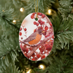 Ornamento De Cerâmica Robin Com Bagas Vermelhas
