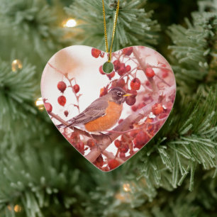 Ornamento De Cerâmica Robin Com Bagas Vermelhas