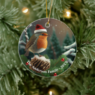 Ornamento De Cerâmica Robin personalizado delicioso sobre uma árvore cob
