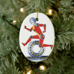 Ornamento De Cerâmica Robô Vintage Science Fiction Running with Wheel<br><div class="desc">Vintage ilution science fiction business design com um robot feliz, sorridente, feito com peças de máquinas. A mulher futurista ou o homem tem um sorriso e está correndo com uma engrenagem, uma engrenagem ou uma roda na esteira transportadora. Uma cara saudável de ficção científica ou corrida legal para a saúde,...</div>