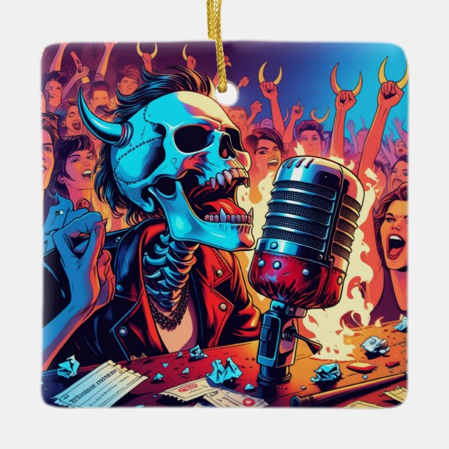 Ornamento De Cerâmica Rock and Roll Skull (Frente)
