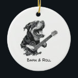 Ornamento De Cerâmica Rockstar Dog Guitar – Vintage Music Animal<br><div class="desc">A bold and energetic illustration of a dog playing an electric guitar, captured in a detailed vintage engraving style. With its expressive pose and dynamic composition, this design brings together music, humor, and character in a striking black-and-white aesthetic. Perfect for music lovers, guitar players, dog enthusiasts, and fans of rock...</div>