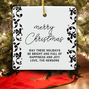 Ornamento De Cerâmica Rococó Preto e Branco Feliz Natal Script