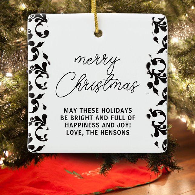 Ornamento De Cerâmica Rococó Preto e Branco Feliz Natal Script  (Criador carregado)