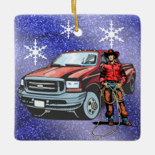 Ornamento De Cerâmica Rodeo Ocidental Cowboy E Truck No Natal