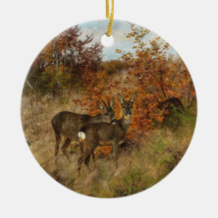 Ornamento De Cerâmica Roe Deer com o Autumn Deixa a Vintage