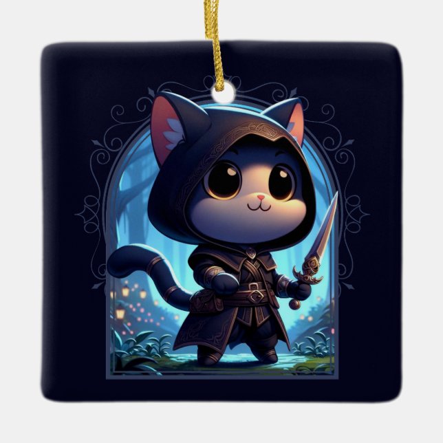 Ornamento De Cerâmica Rogue Feline Fantasy Adventure (Frente)