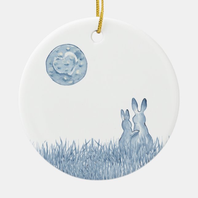 Ornamento De Cerâmica Romântica Bunny Love Blue Moon Personalize (Frente)