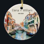 Ornamento De Cerâmica Romântica Watercolor Itália Casada Novamente<br><div class="desc">Este ornamento de manutenção de casamento apresenta uma cena pitoresca de Veneza, Itália, lindamente renderizada em aquarela na frente. Num pano de fundo de canais serenos e encantadora arquitetura veneziana, a essência do fascínio romântico da cidade é capturada em cada pincelada. As gondolas planam graciosamente ao longo das águas tranquilas,...</div>