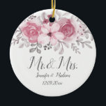 Ornamento De Cerâmica Romântica Watercolor Rosa Florals Sr. & Sra. Weddi<br><div class="desc">Para casamento</div>