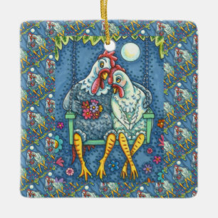 ORNAMENTO DE CERÂMICA ROOSTER HEN CANOODLES, DOCES DE FRANGO