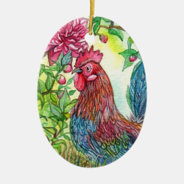 Ornamento De Cerâmica Rooster Por Peony (Frente)