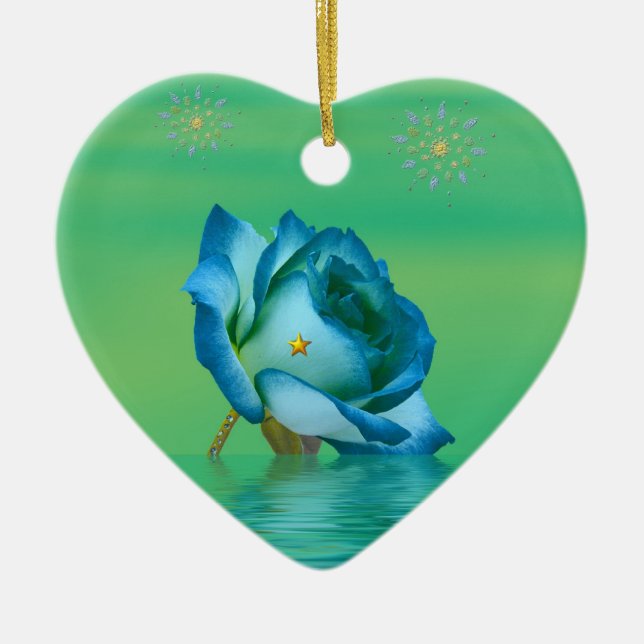 Ornamento De Cerâmica Rosa Azul Feriado (Frente)