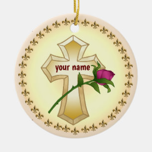 Ornamento De Cerâmica Rosa da Cruz Cristã Personalizada