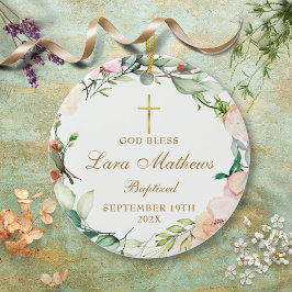 Ornamento De Cerâmica Rosa de batismo personalizado para garotinha