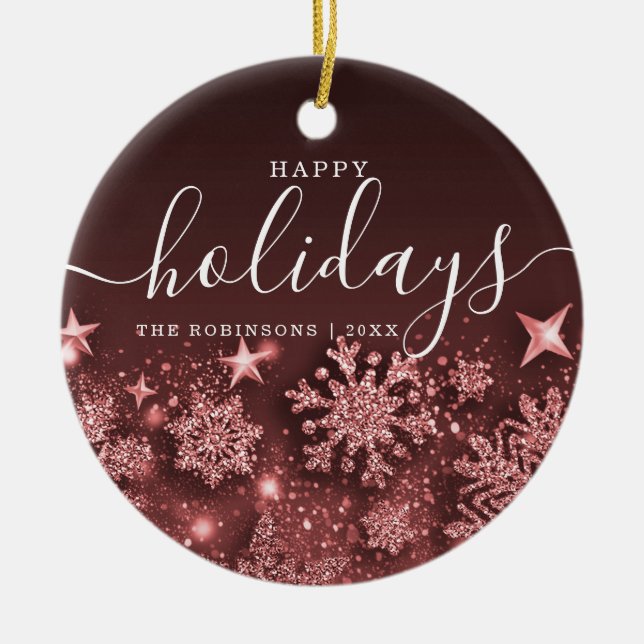 Ornamento De Cerâmica Rosa de Neve de Natal não fotográfico Dourada (Frente)