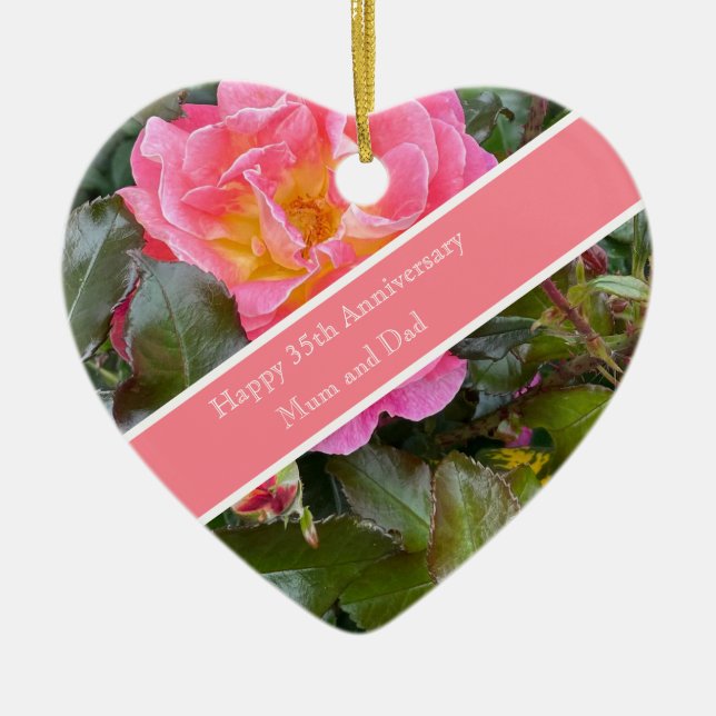 Ornamento De Cerâmica rosa do 35º aniversário do casamento Coral (Frente)
