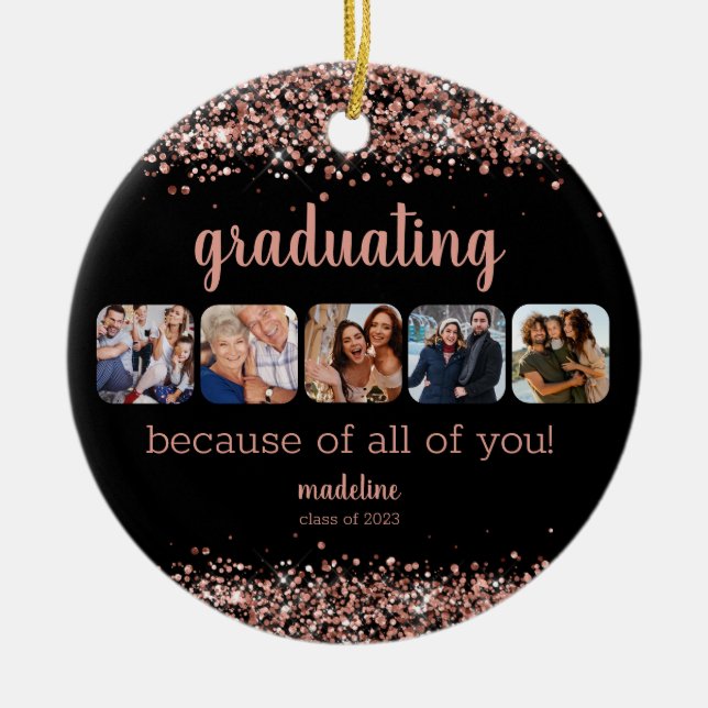 Ornamento De Cerâmica Rosa Dourada Glitter Por Causa do Formando Fotográ (Frente)