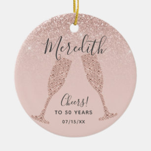 Ornamento De Cerâmica Rosa Dourado Blush 50º Aniversário com Data de N
