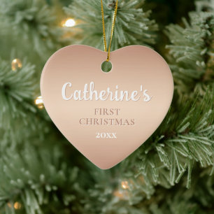 Ornamento De Cerâmica Rosa Dourado Personalizado Primeiro Natal Coração