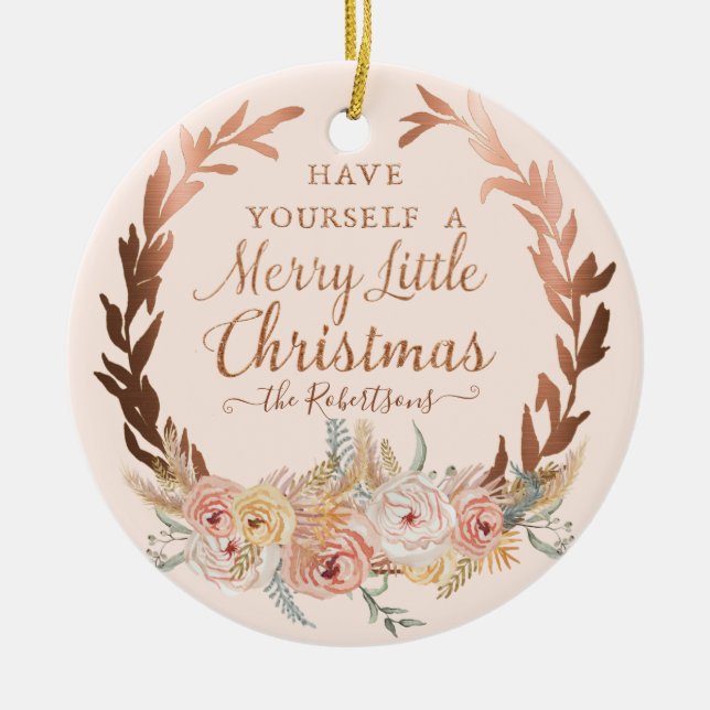 Ornamento De Cerâmica Rosa Floral Elegante de Natal Elegante Dourado (Frente)