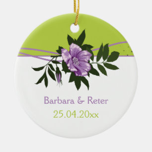 Ornamento De Cerâmica Rosa floral selvagem verde de casamento