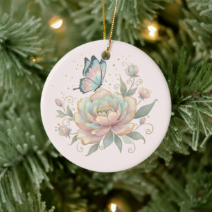 Ornamento De Cerâmica Rosa Mágica e Borboleta Cores Pastel