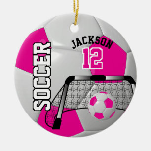 Ornamento De Cerâmica ⚽ rosa quente e branca personalizam a bola de fu