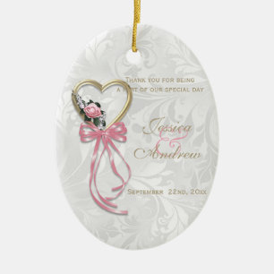 Ornamento De Cerâmica Rosa Romântica, Coração Dourado & Fita Rosa