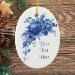 Ornamento De Cerâmica Rosa Romântico Vintage em Azul<br><div class="desc">Romântico,  rosa de safra em azul. *modelos de texto à direita para sua conveniência.</div>