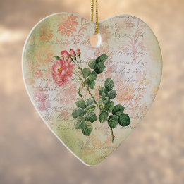 Ornamento De Cerâmica Rosa vermelha de vinheta no Damasco Rosa com Escri