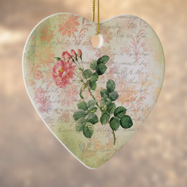 Ornamento De Cerâmica Rosa vermelha de vinheta no Damasco Rosa com Escri